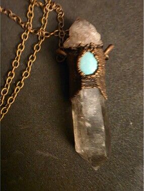 Stunning Raw Quartz Crystal wrapped Turquoise Pendant Necklace